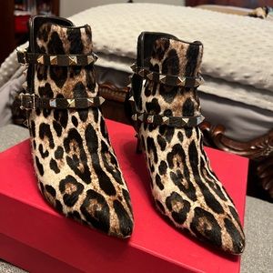 Valentino Garavani Rockstud Leopard Calf-Hair Kitten Heel Booties